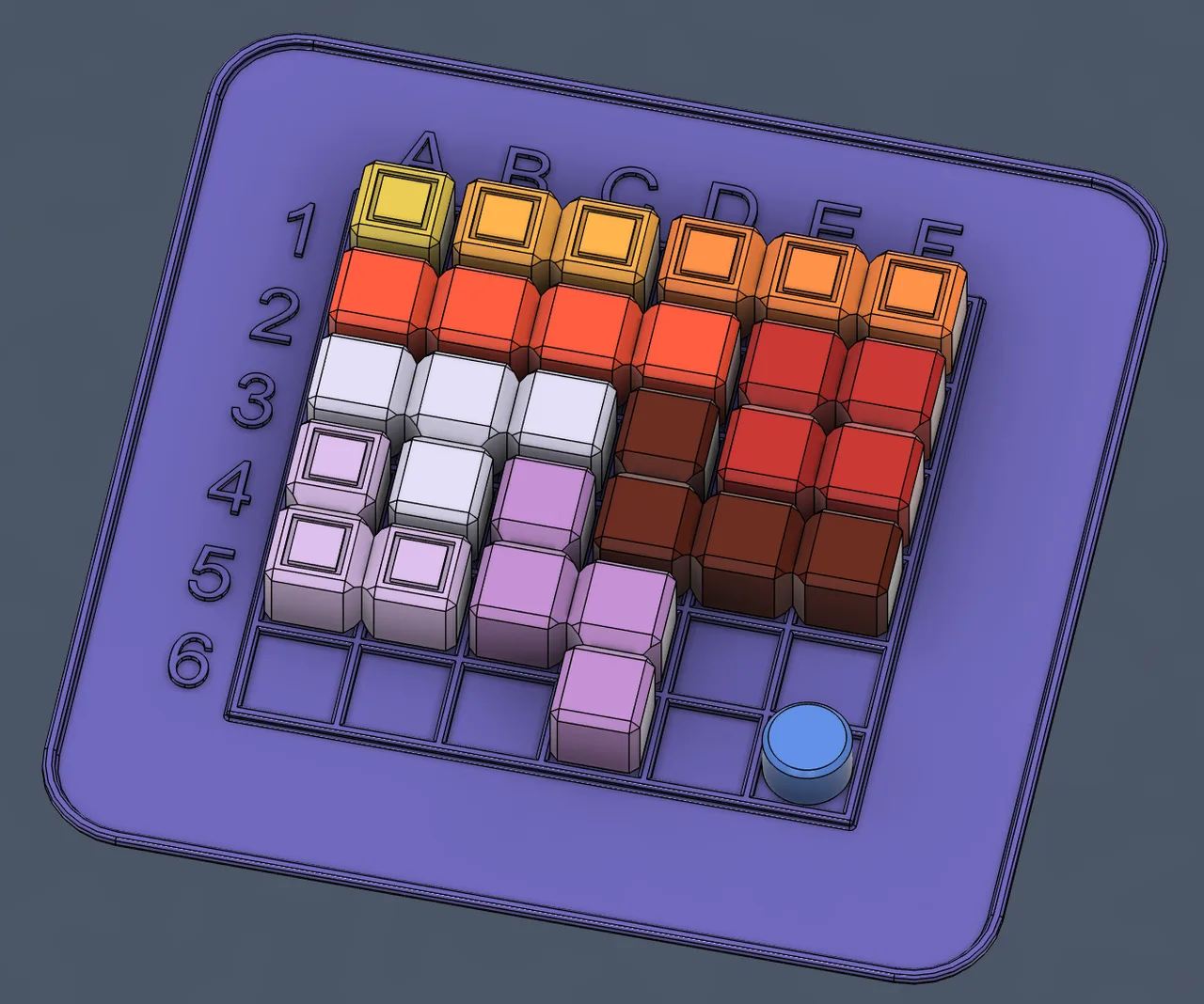 CAD model of the six-by-six board with coloured playing pieces