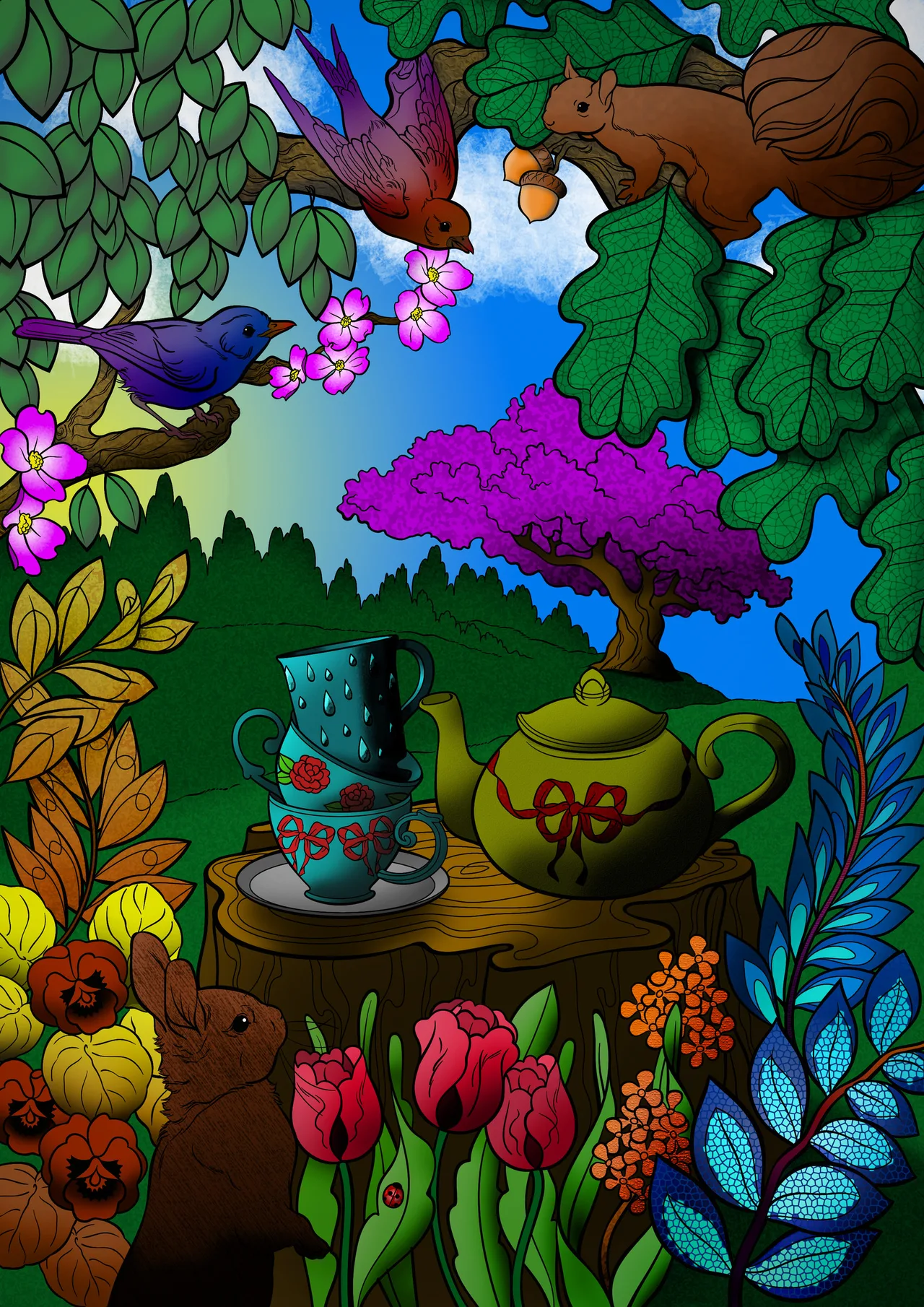 Completed colouring page showing a tea setting surrounded by colourful plants