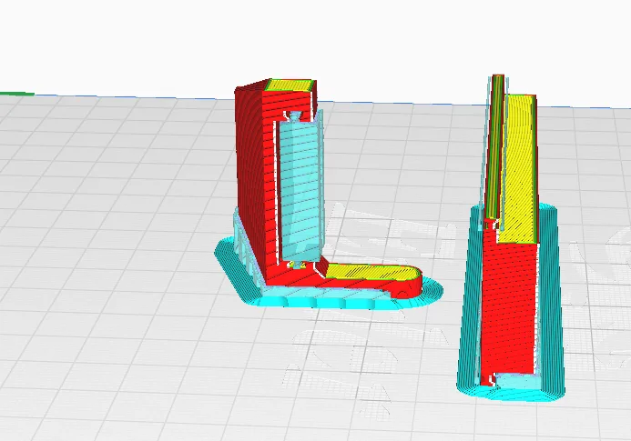 Slicer view of two gripper jaws with their print supports