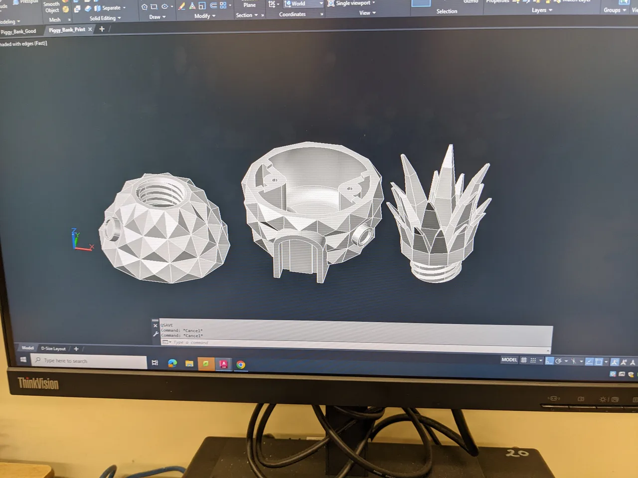 A CAD view of the piggy bank split into the base, body, and pineapple top
