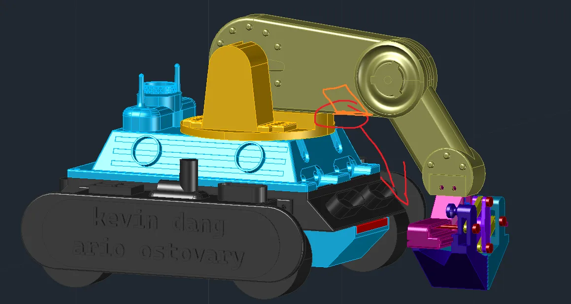 Side view of the 2AK-Bot CAD assembly with tracks, arm and gripper