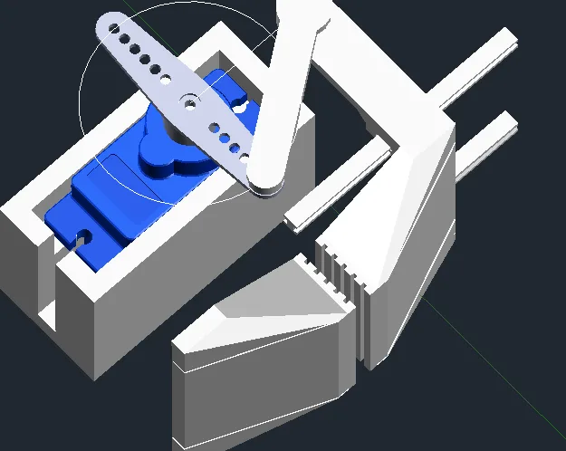 Close-up CAD view of the servo horn and gripper linkage