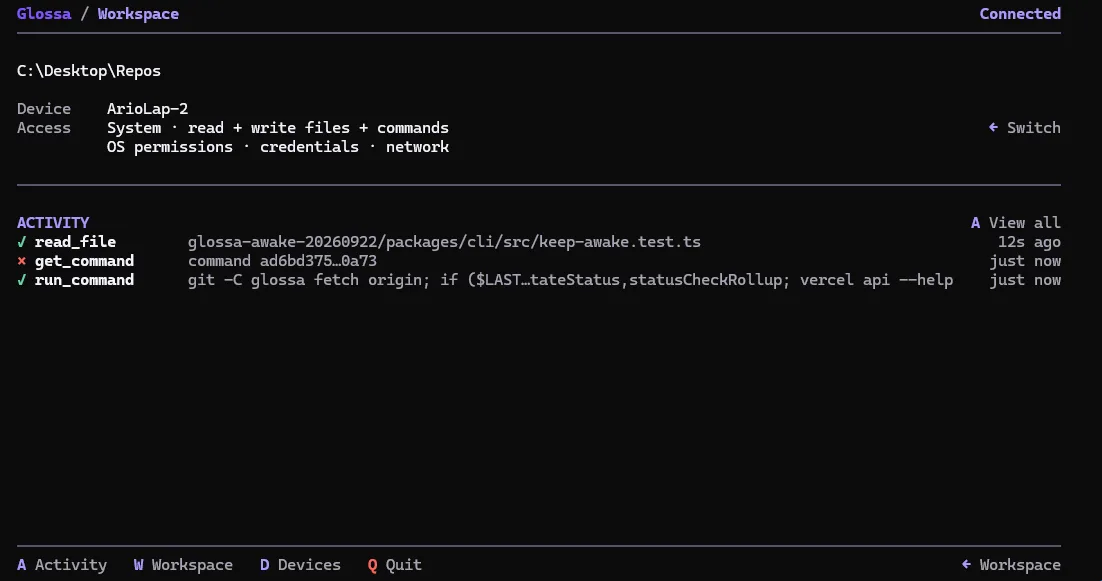 Glossa workspace view showing project access and recent activity