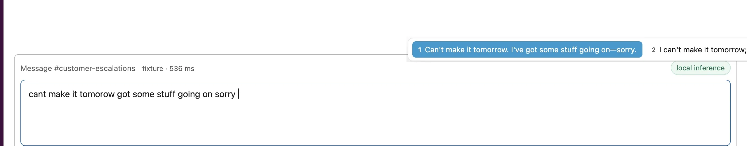 Quip candidate bar offering a context-aware correction beside typed text